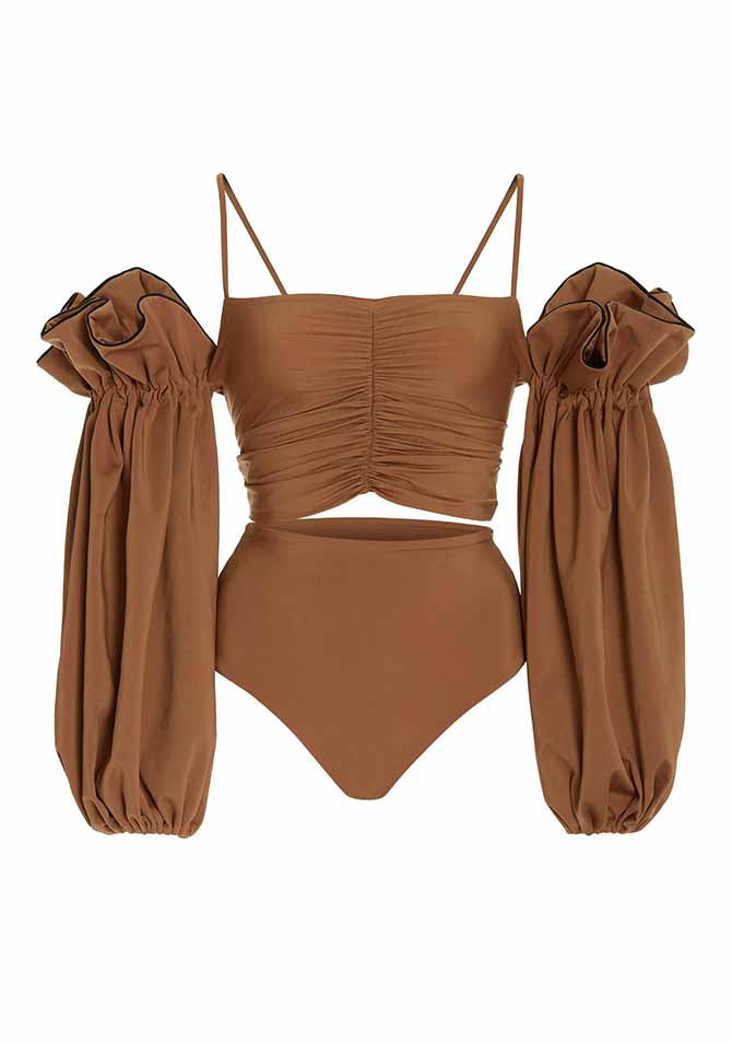 Solid Color Puff Sleeve Bikini