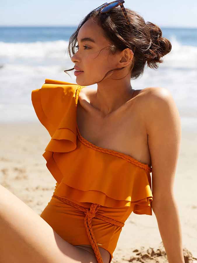 Solid One-Shoulder Ruffle Panel One-Piece Swimsuit