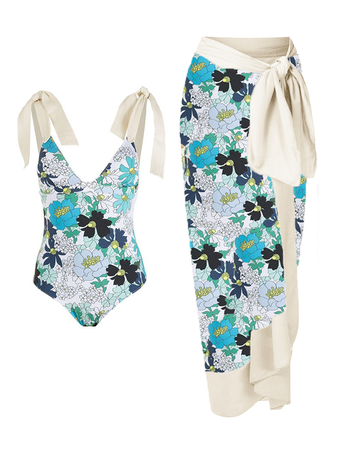 Floral Print One Piece Swimsuit and Cover Up