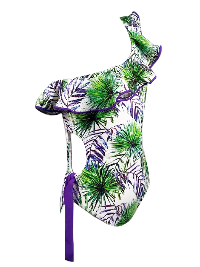 One-shoulder Ruffled Colorblock Printed Swimsuit and Cover-up