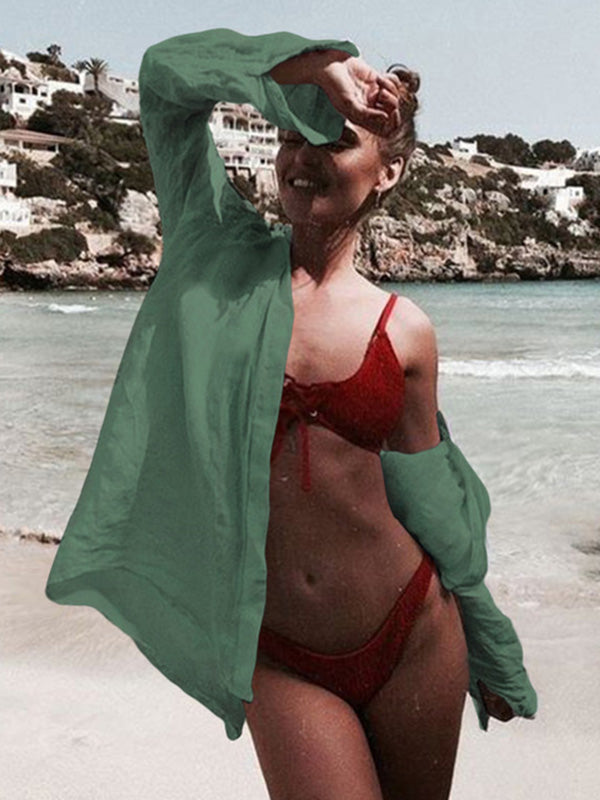 Simple Solid Color Button Long Sleeve Shirt-Style Cover-Up Swimwear