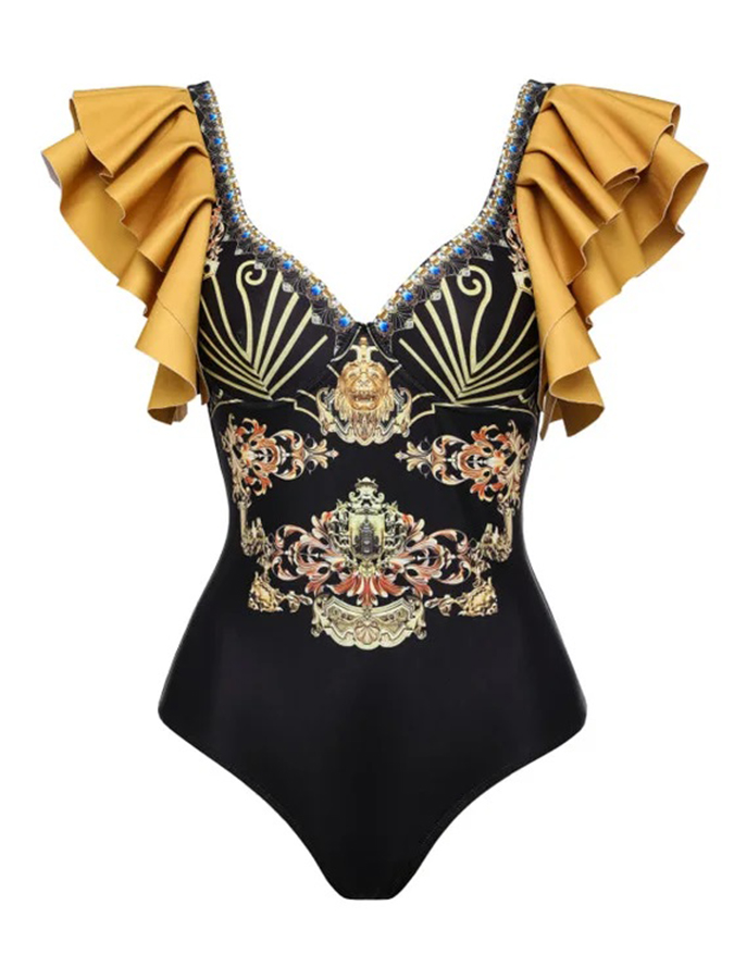 Ruffle Printed One Piece Swimsuit and Cover Up