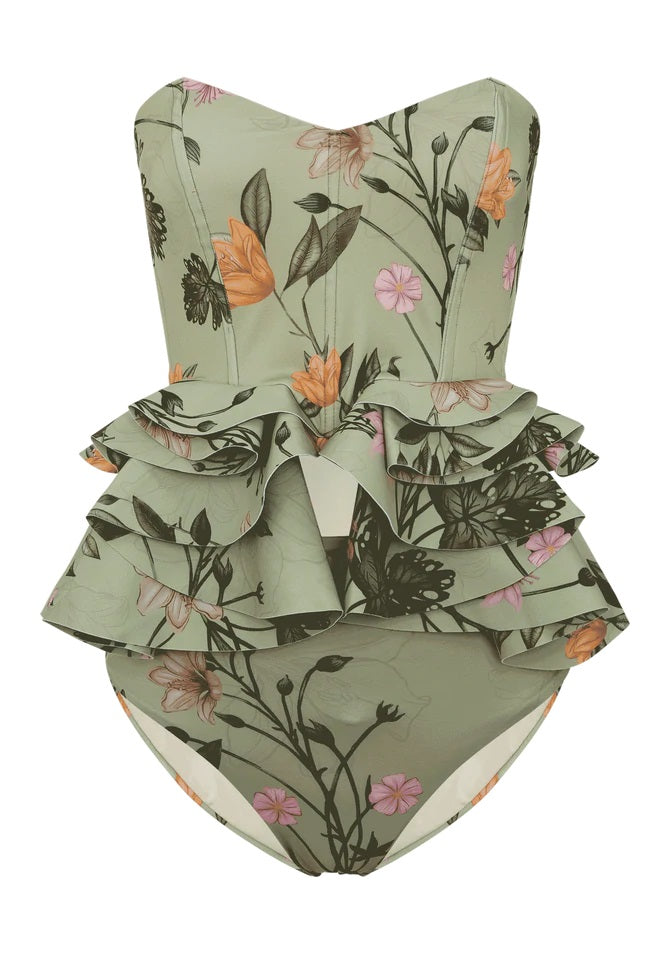 Ruffled Floral Print Split Swimsuit