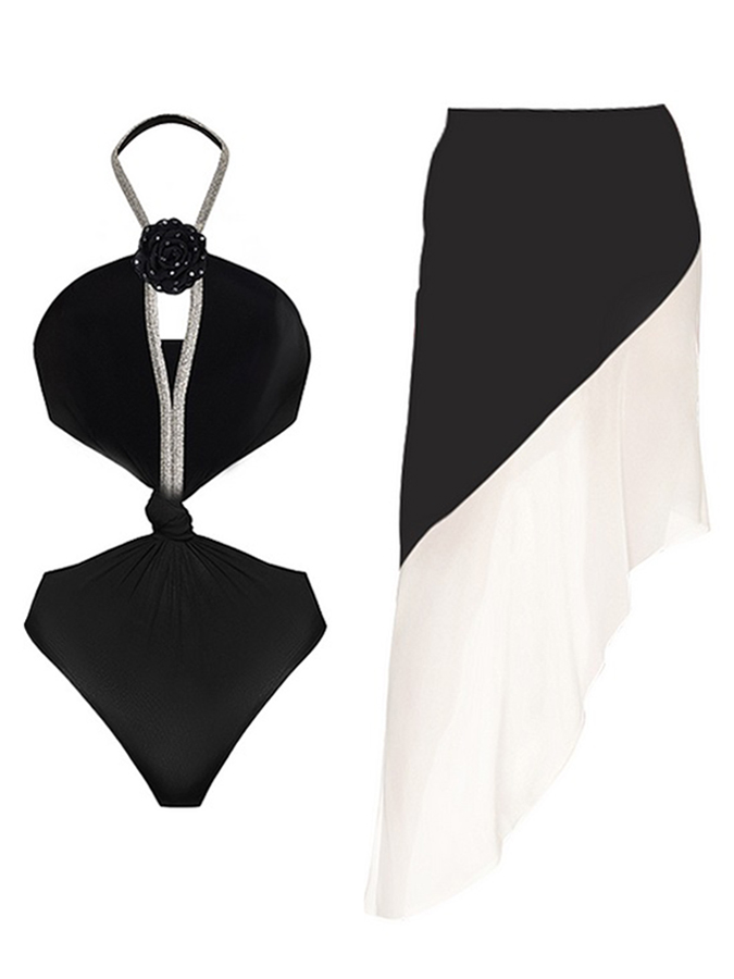 Halter Black One Piece Swimsuit and Skirt