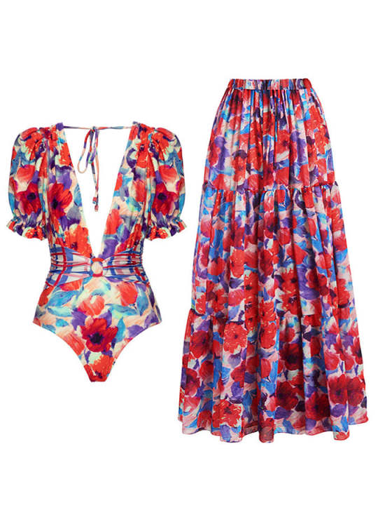 Fashion Floral Print Ruffle Colorblock One-Piece Swimsuit