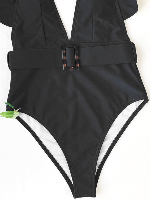 Solid Color Deep V-Neck Falbala Sexy Swimwear