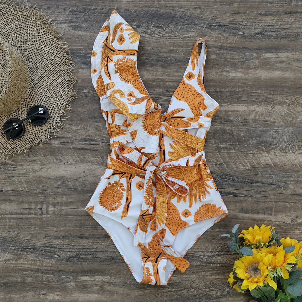 Ruffle V-Neck Belt Backless One Piece Swimwear