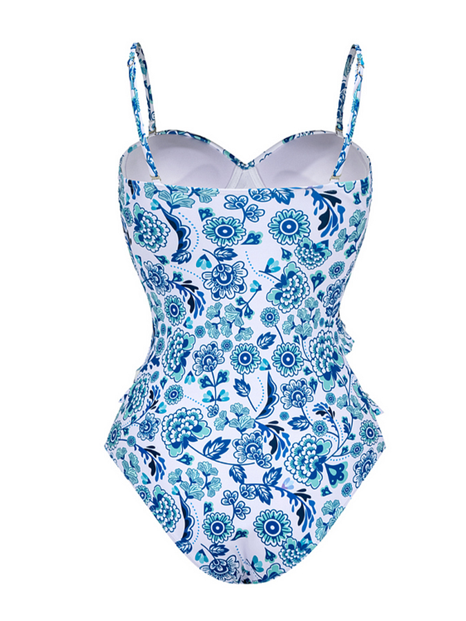 Blue Printed Panel Lace Swimsuit and Skirt