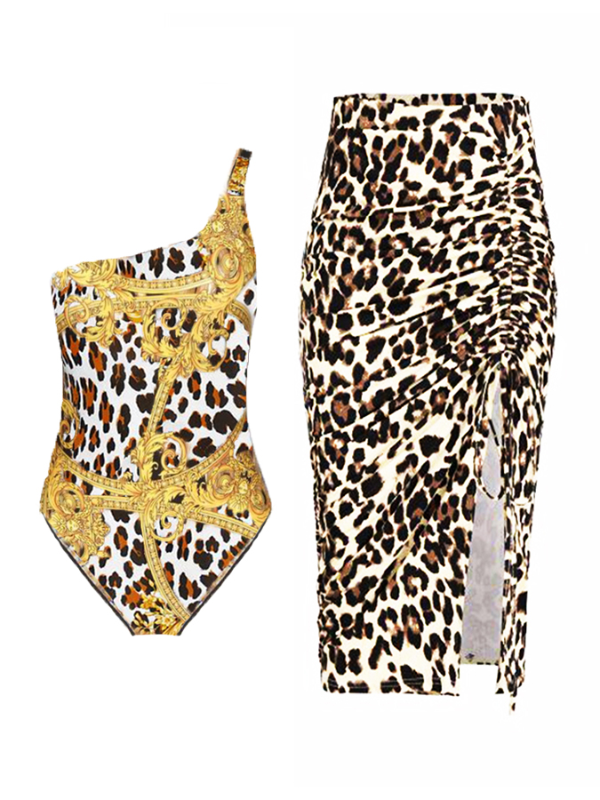 Leopard print one-piece swimsuit and cover-up