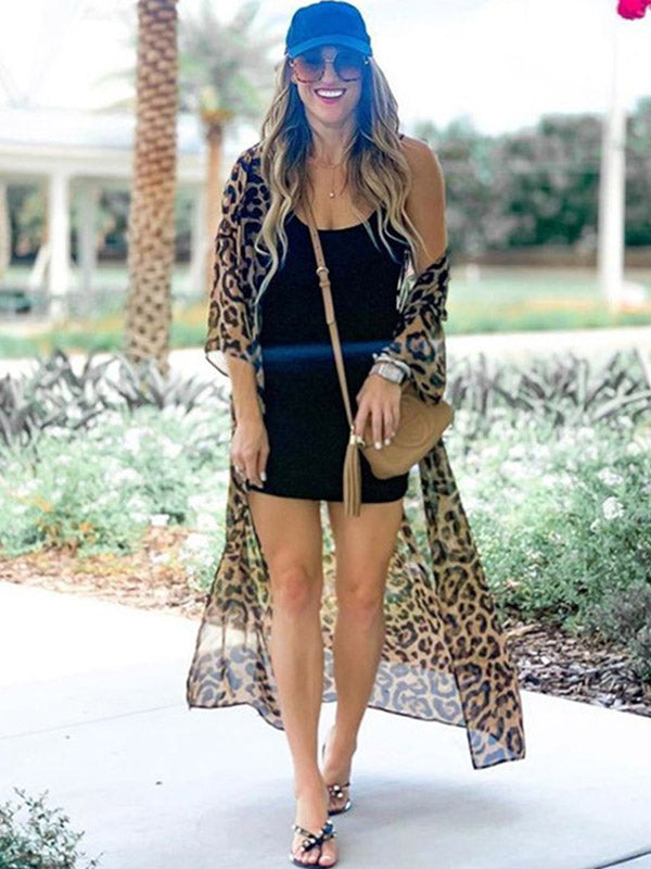 Chiffon Long Sleeve Leopard Cover-Up