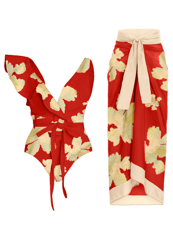 Deep V Ruffled Floral Print Swimsuit Set
