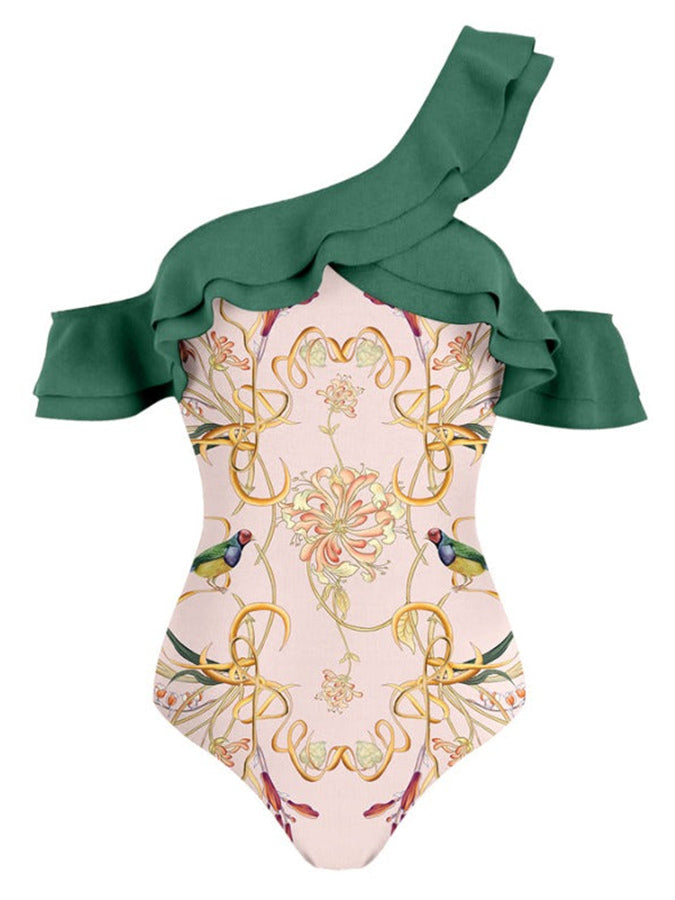 Ruffled Colorblock Print One Piece Swimsuit and Cover Up