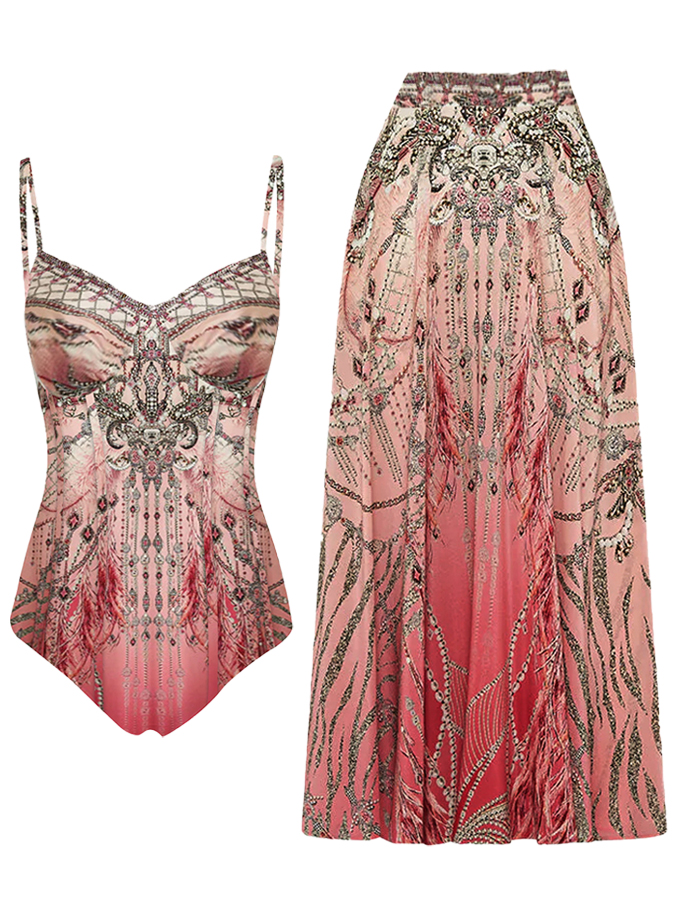 Gradient Vintage Print Swimsuit and Skirt