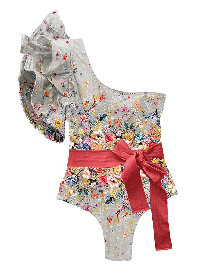 Ruffled Floral Print Colorblock One-Piece Swimsuit and Cover-up
