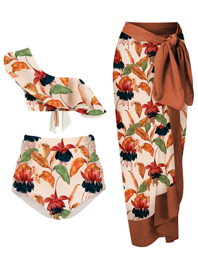One-Shoulder Ruffled Floral-Print Bikini Set