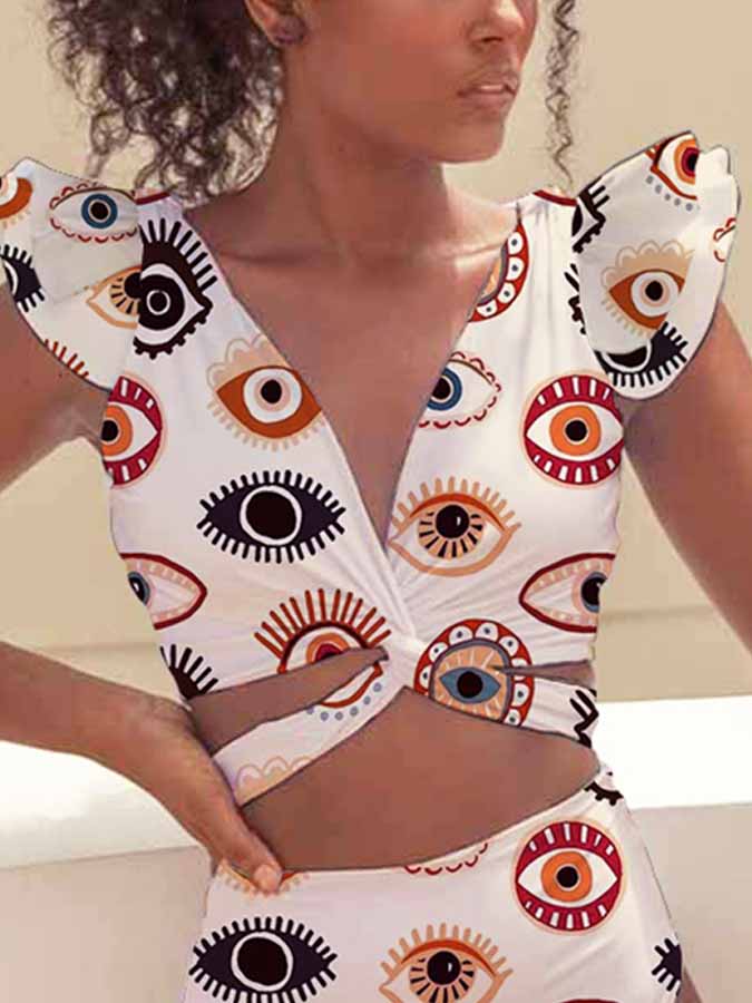 Fashion Deep V Neck Ruffle Print Split Swimsuit