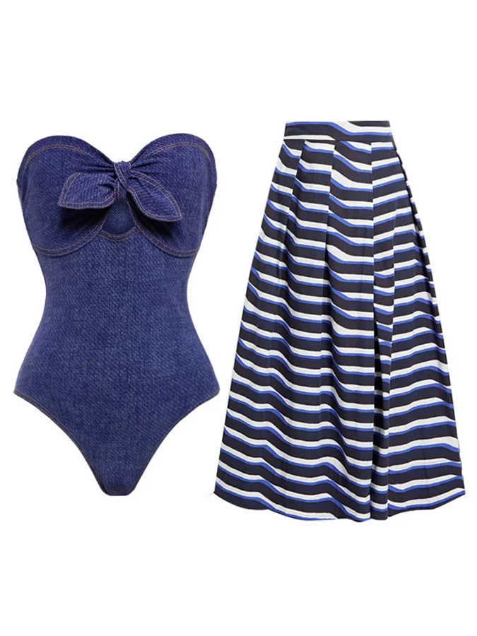 Denim Print One Piece Swimsuit and Skirt