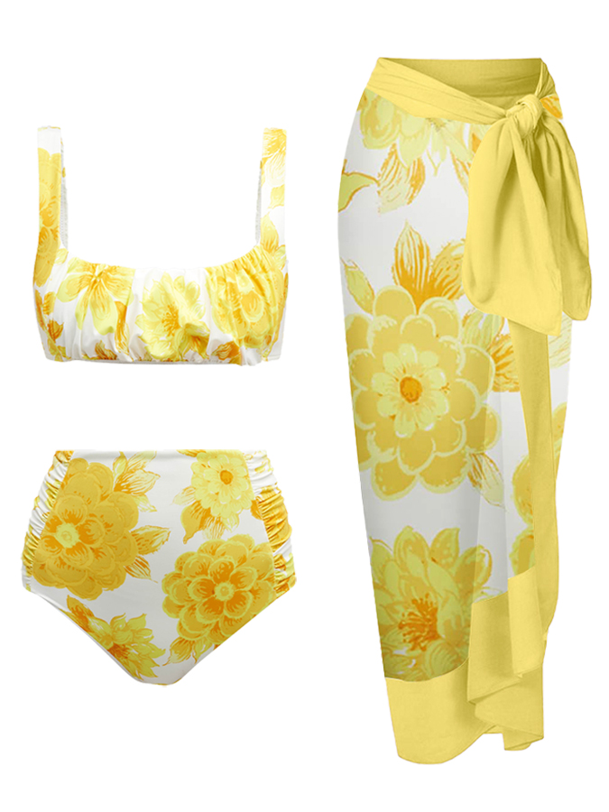 Deep V Ruffled Floral Print Swimsuit and Cover-up