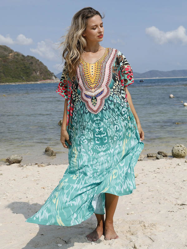 Half Sleeve V-Neck Floral Printed Split-Side Cover-Up Swimwear