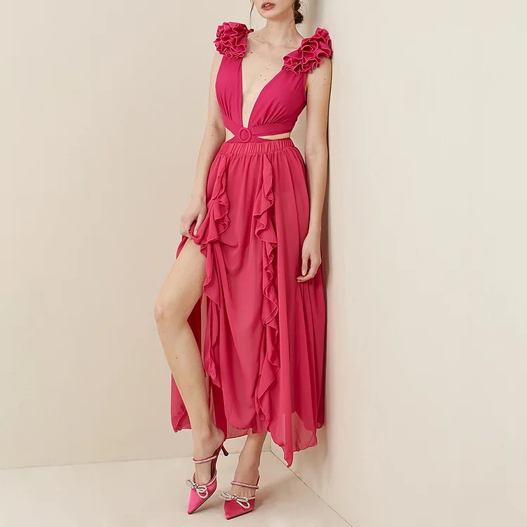 Deep V Red Cutout One Piece Swimsuit and Skirt
