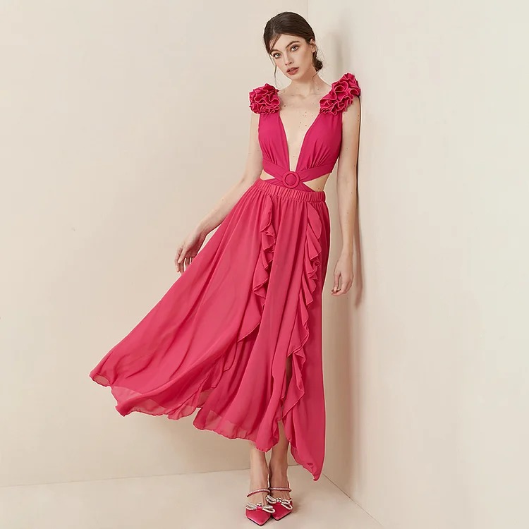 Deep V Red Cutout One Piece Swimsuit and Skirt