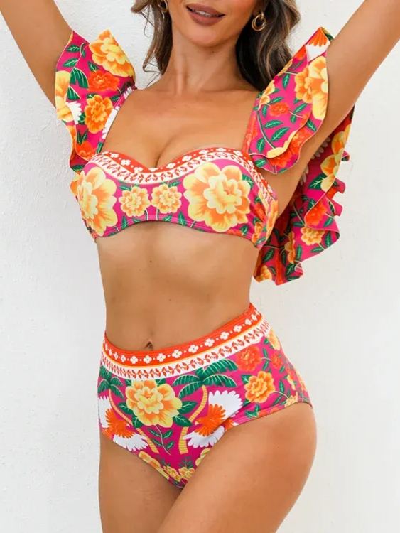 Flaxmaker ruffled contrast print bikini swimsuit and skirt