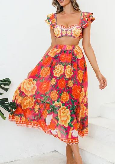 Flaxmaker ruffled contrast print bikini swimsuit and skirt