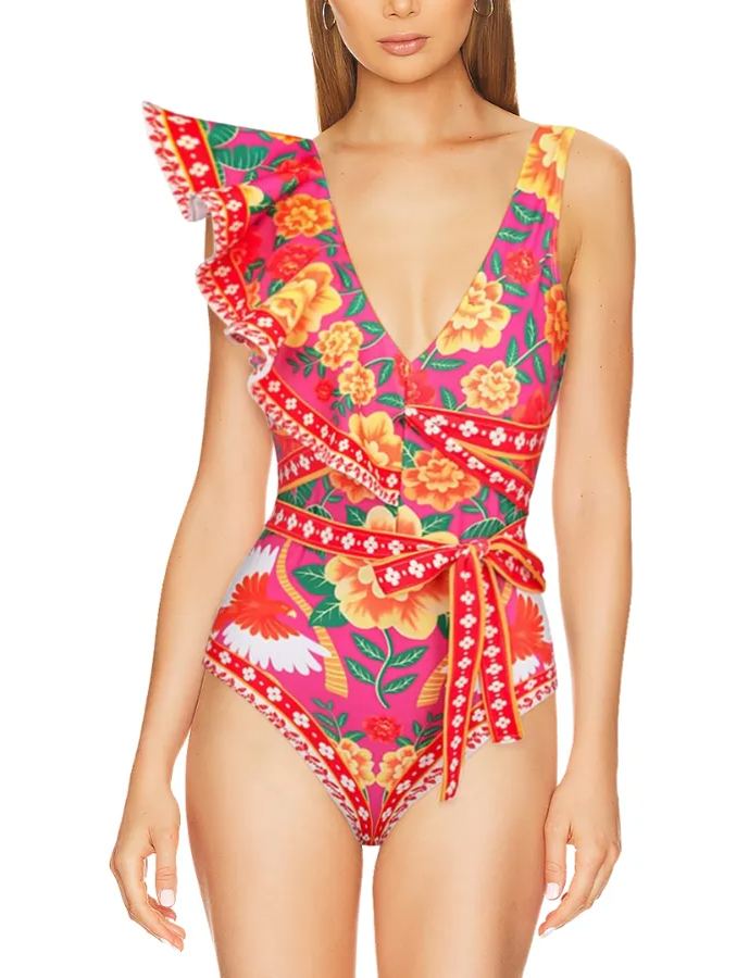 One-shoulder ruffled contrast print one piece swimsuit
