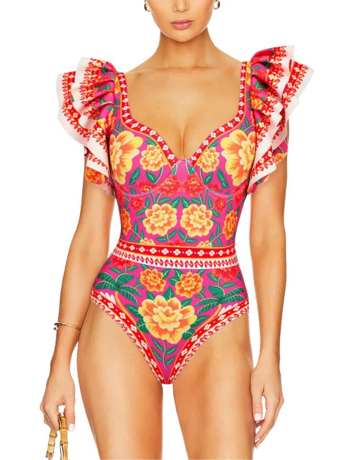 Ruffled contrast print one piece swimsuit 