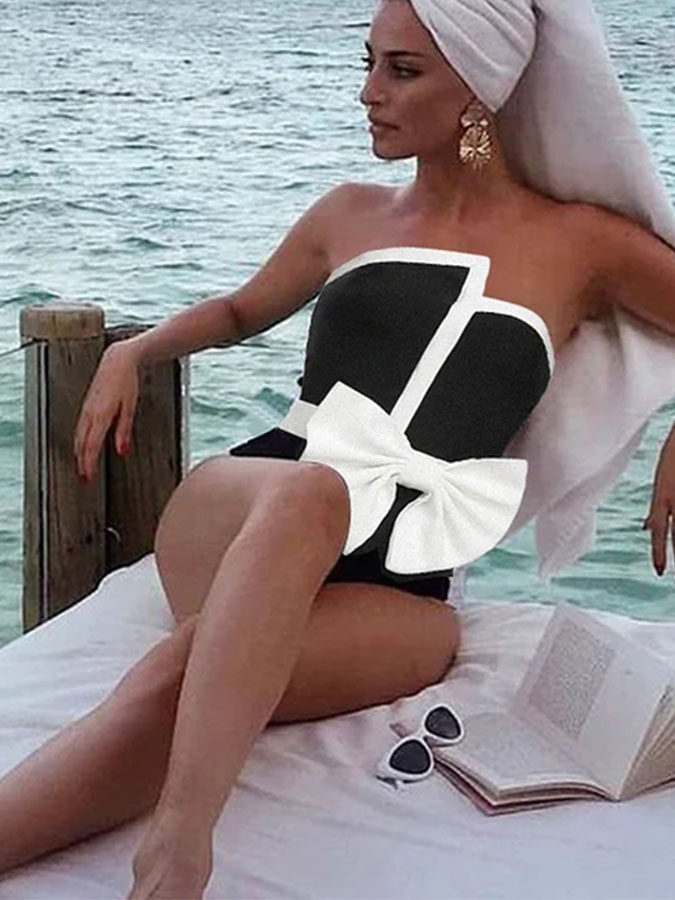 Off Shoulder Bow Tie One Piece Swimsuit and Skirt