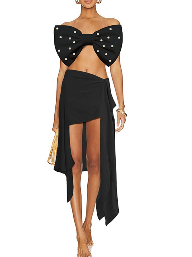 Bow-tie Pearl Decor Swimsuit and Skirt