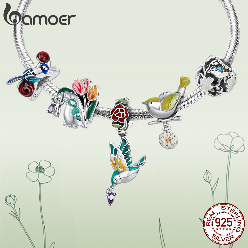 Bamoer | Genuine 925 Sterling Silver Flower & Bird Charms Grain Rain Pendant fit Women Snake Bracelet & Bangle Spring Jewelry Gift
