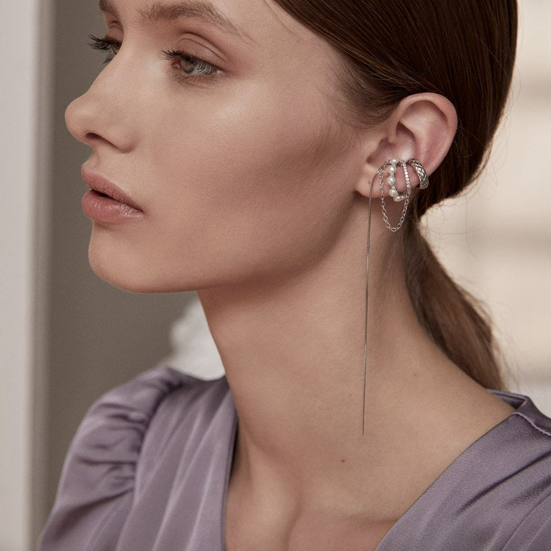Bamoer Dangle Ear Cuff with Chain Silver