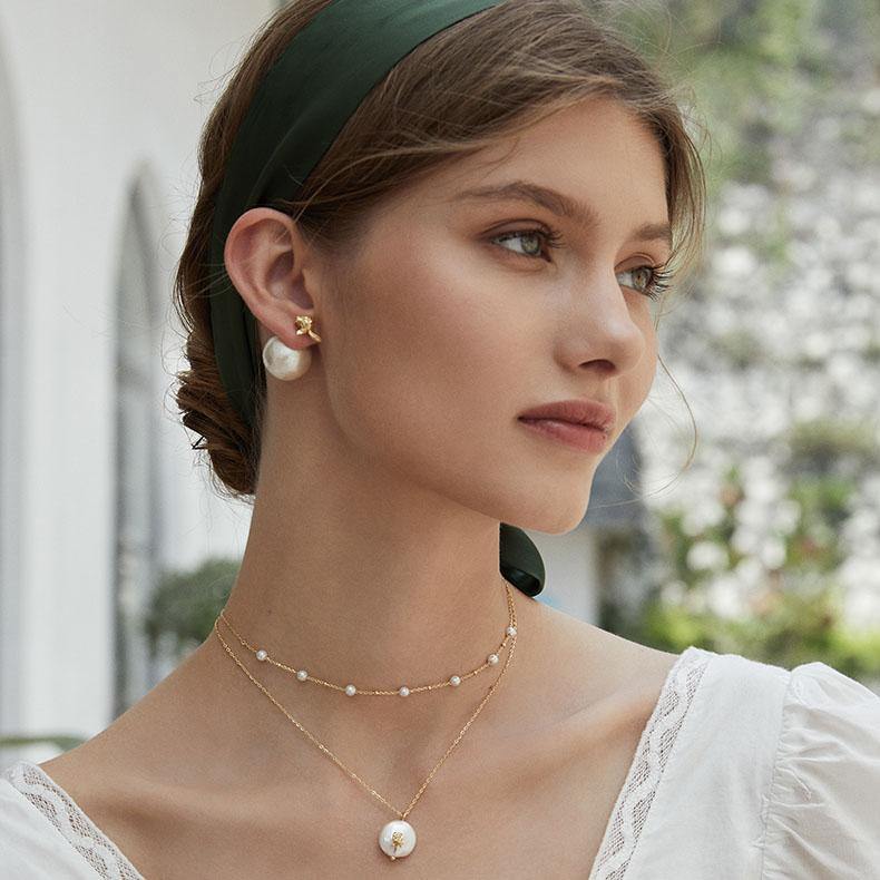 Baroque Rose Pearl Stud Earrings Necklace Set