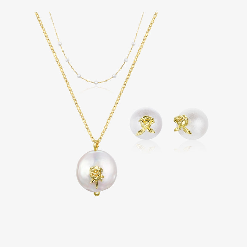 Baroque Rose Pearl Stud Earrings Necklace Set