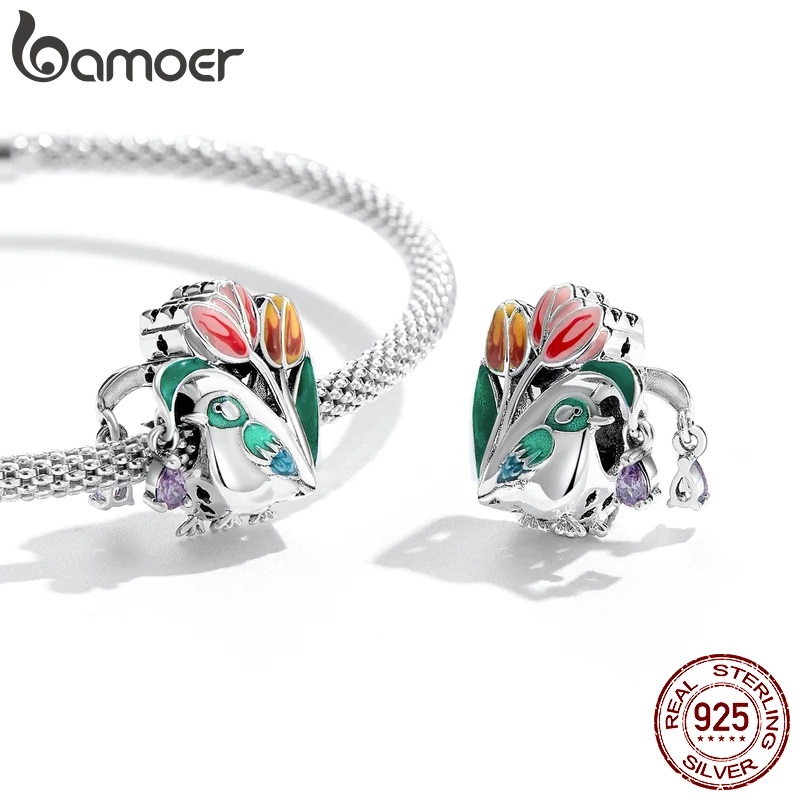 Genuine 925 Sterling Silver Flower & Bird Charms Grain Rain Pendant | Bamoer