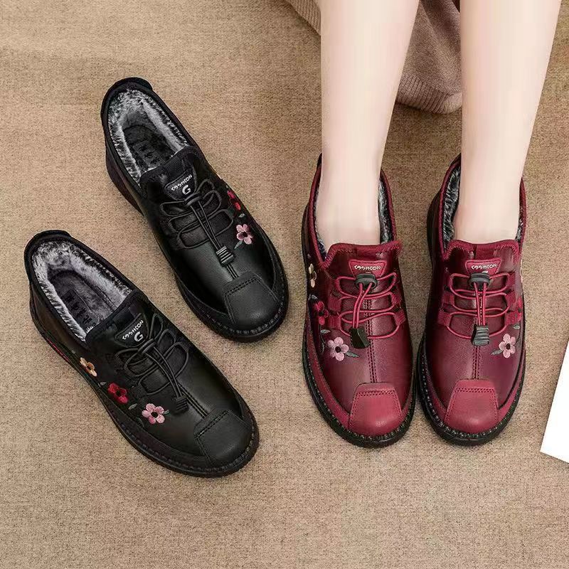 🐑Leather Fur Moccasins Women Loafers for Elderly Female Soft Warm 【Last Day 49.99% OFF 】