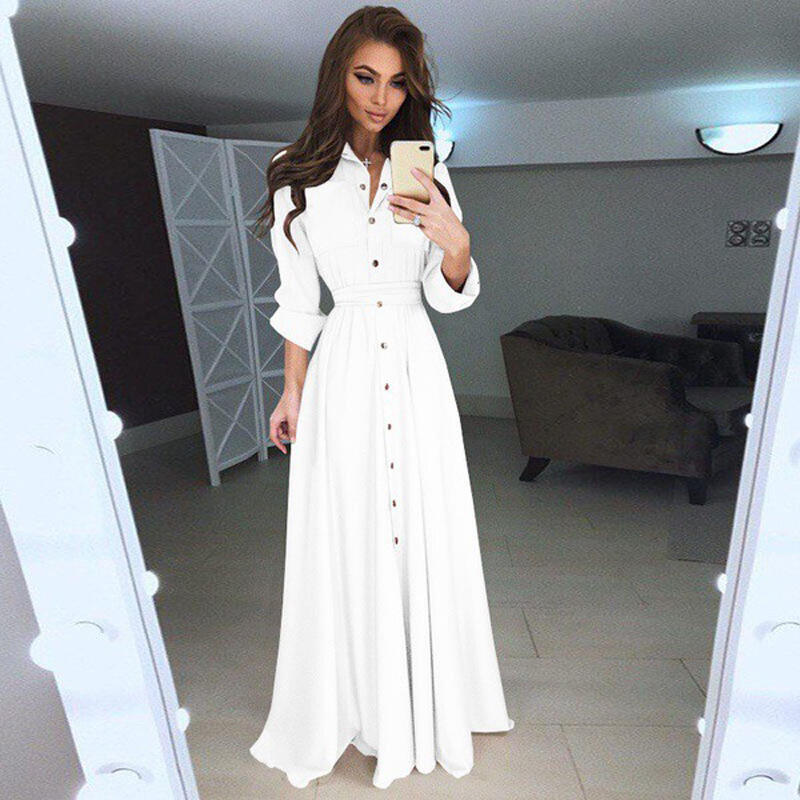 👗Fits all sizes-Women's Plus Size Chiffon Solid Long Sleeves Button Tie Dress💥Buy 2 Get 10% OFF
