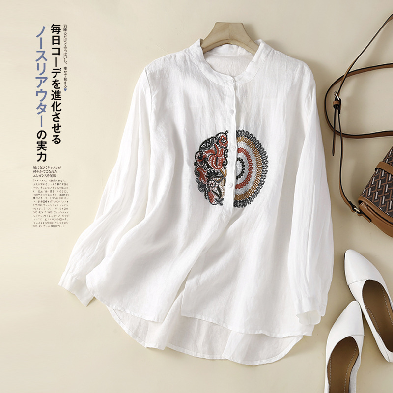 Retro Ethnic Style Linen Embroidered Shirt
