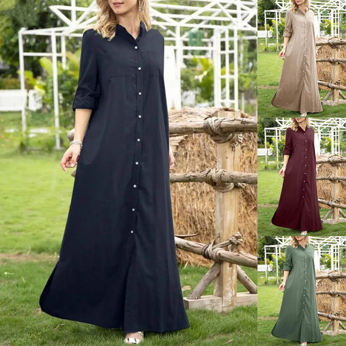 Long-sleeve Lapel Cardigan Solid Color Long Linen Dress⏰Limited Time 50% OFF