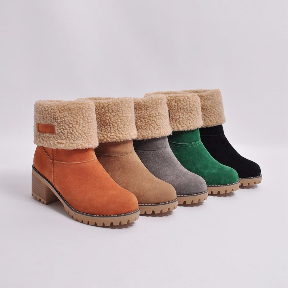 Women's fur lining snow boots block heel non-slip winter boots ankle snow boots