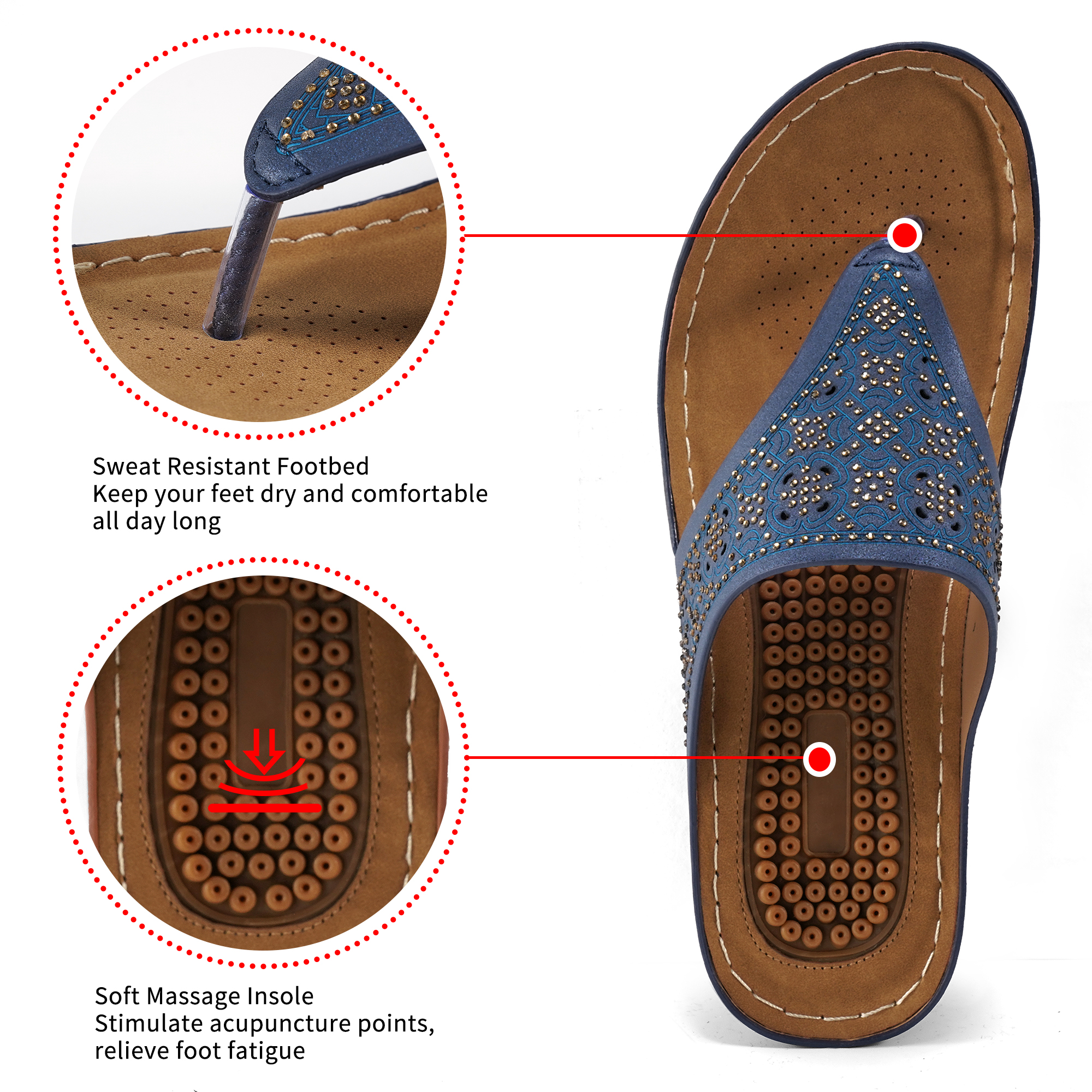 Womens Sandals Flip Flops for Women with Arch Support Cushion Summer Casual Rhinestone Wedge sandal Shoes Massage Function