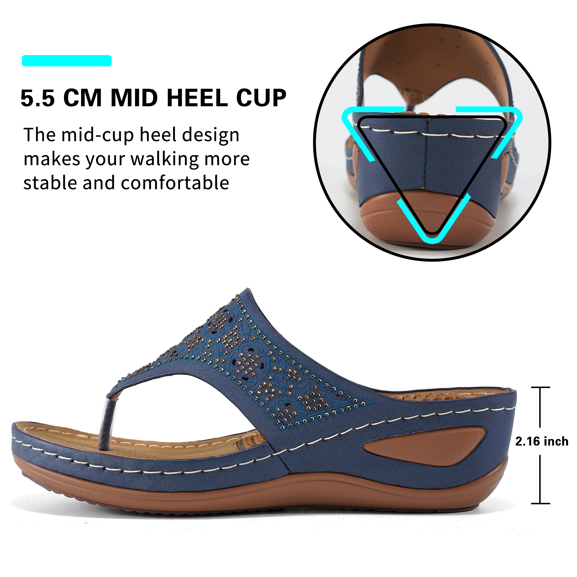 Womens Sandals Flip Flops for Women with Arch Support Cushion Summer Casual Rhinestone Wedge sandal Shoes Massage Function