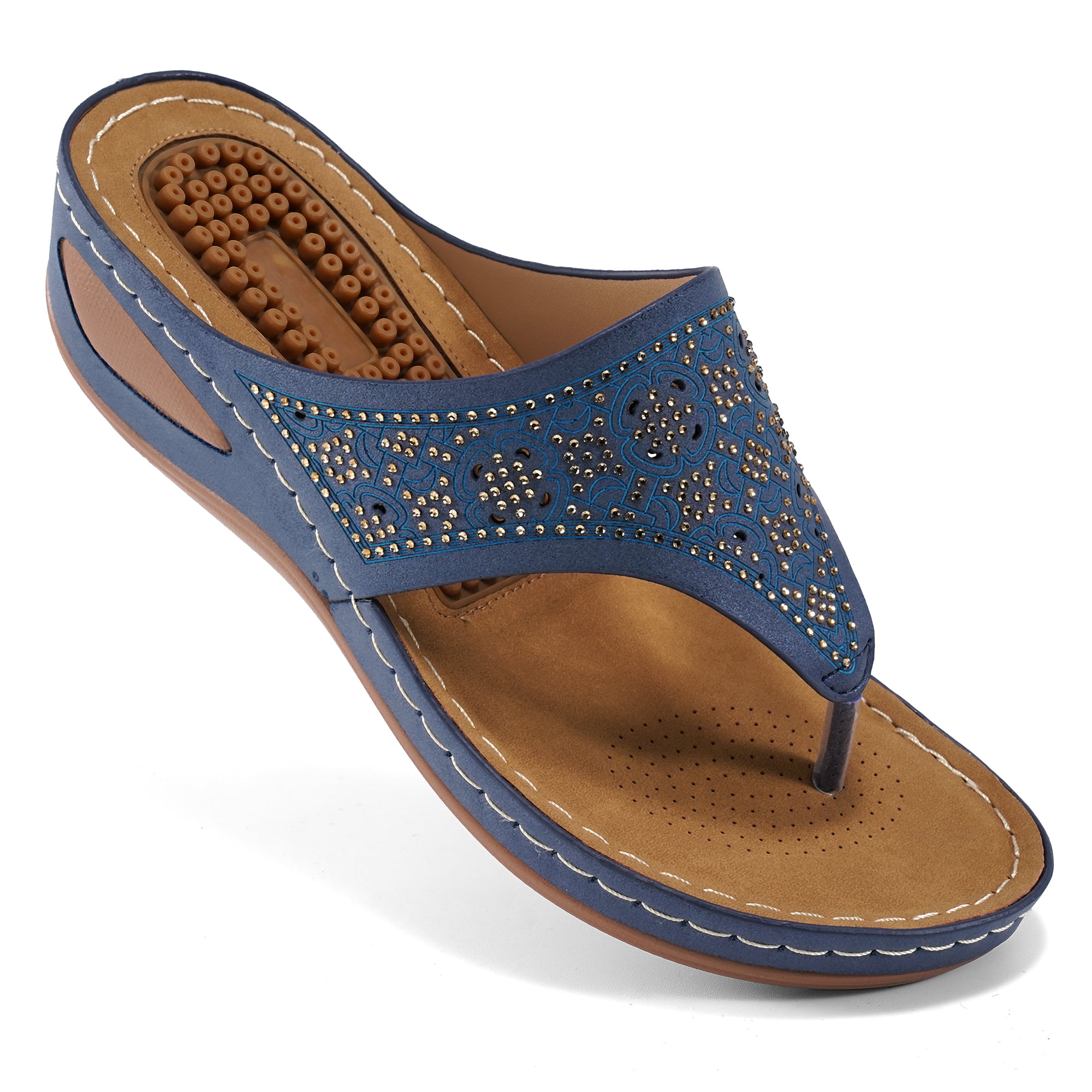 Womens Sandals Flip Flops for Women with Arch Support Cushion Summer Casual Rhinestone Wedge sandal Shoes Massage Function