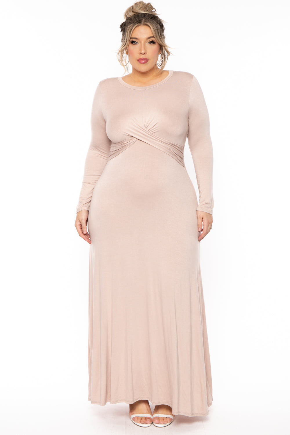 Plus Size Denise twist front long sleeve Maxi Dress- Taupe