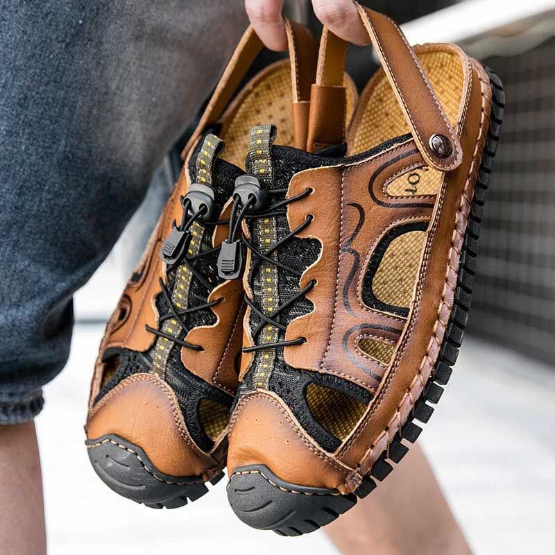 Men Cowhide Leather Two-ways Breathable Slip Sandals