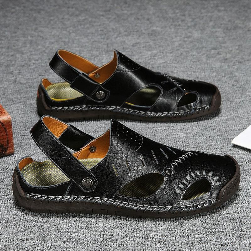 Men Cow Leather Hand Stitching Non Slip Soft Sole Casual Sandals