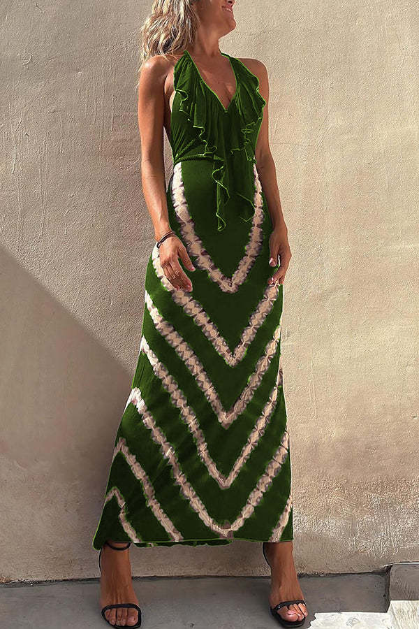 Kyra Ruffle Halter Neck Lace-up Waist Tie-dye Print Maxi Dress
