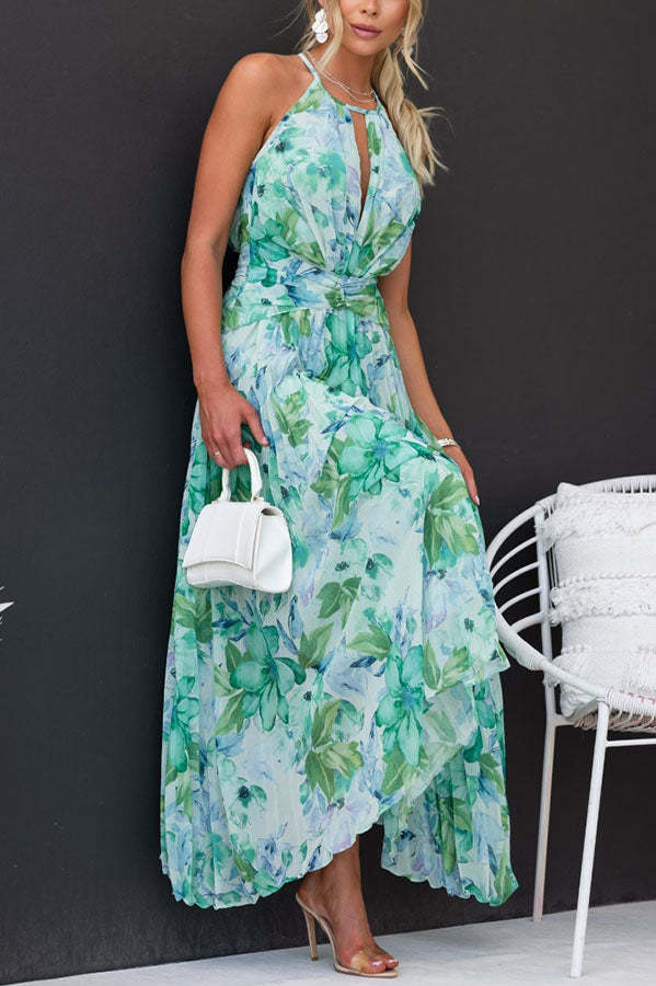 Sunny Forecast Virágos kivágott nyakú pliszírozott midi ruha