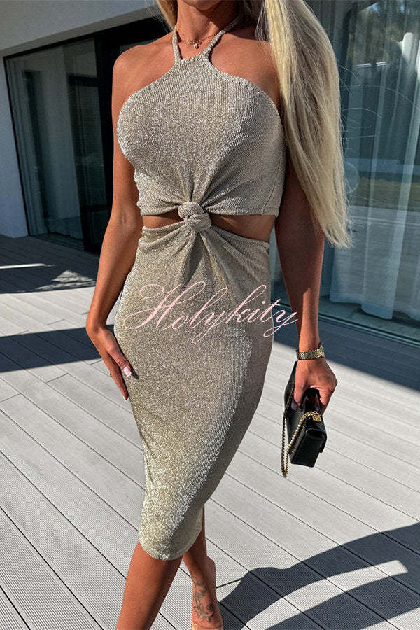 Slay The Look Knit Front Knotted Cutout Halter Midi Dress